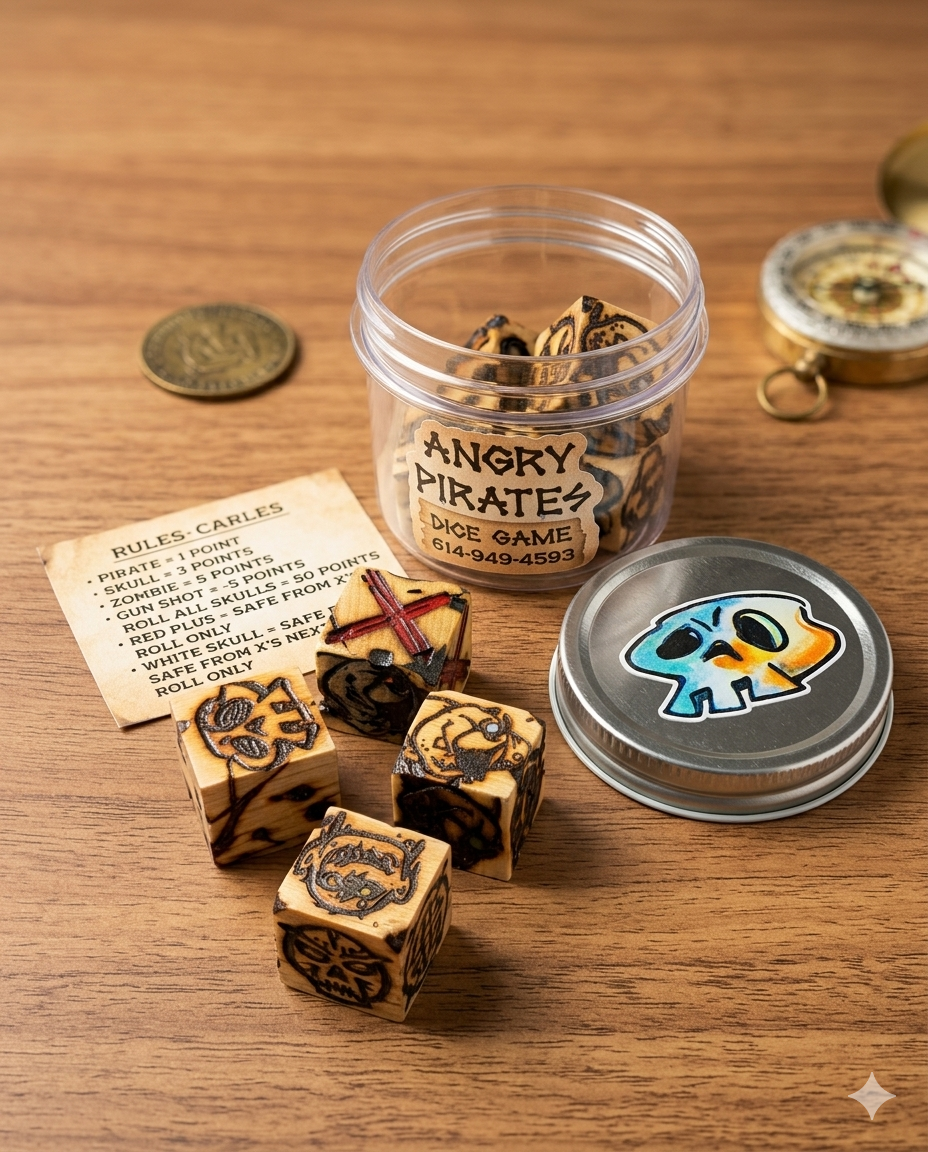Angry Pirates dice spread with rules card