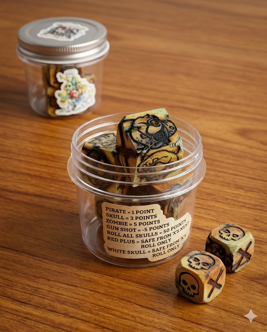 Angry Pirates jar open with wood-burned dice and rules